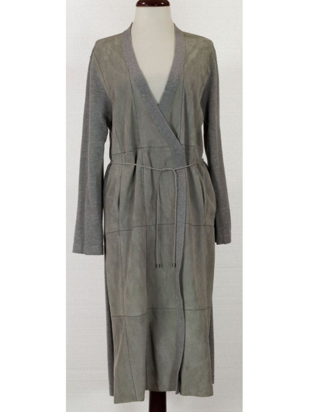 FABIANA FILIPPI WOOL/COTTON/CASHMERE AND SUEDE LONG CARDIGAN WITH BEADING DETAIL